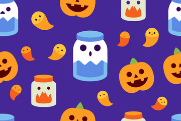 Cute halloween characters seamless pattern with pumpkins ghosts and jars