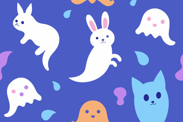 Cute kawaii halloween characters and shapes on a purple background