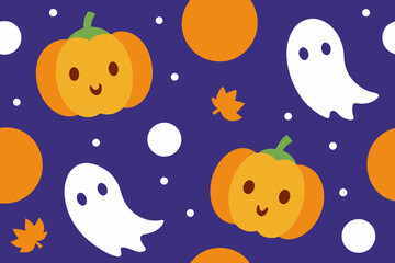 Cute halloween pattern with pumpkins and ghosts on purple background