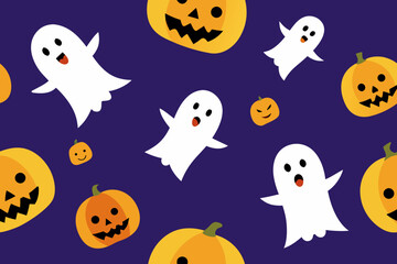Cute halloween ghosts and pumpkins pattern on purple background