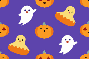 Cute halloween ghosts and pumpkins seamless pattern