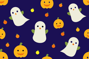 Cute halloween ghosts and pumpkins pattern on dark blue background
