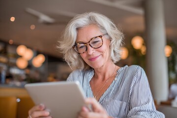 Joyful adult female with tablet online bill payments banking tasks