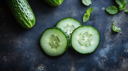 A close up of sliced cucumbers and mint leaves on a dark textured surface creating a fresh vibe