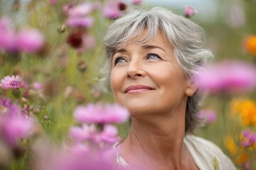 Joyful adult women in a field of flowers close up