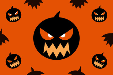 Spooky black pumpkins with fiery eyes on orange background