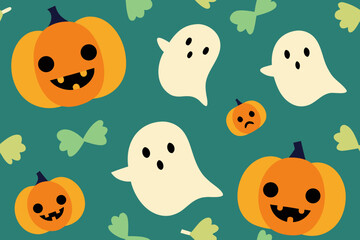 Cute halloween pumpkins and ghosts pattern on teal background