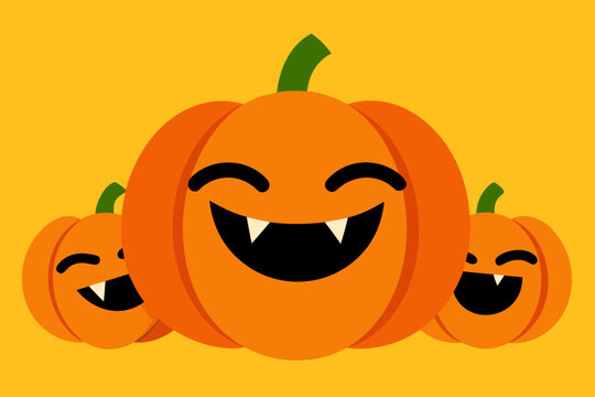 Three happy cartoon pumpkins with fangs on orange background