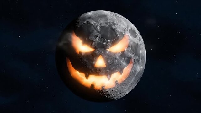 Spooky Halloween moon face glows ominously in starry night sky, perfect for festive broadcasts