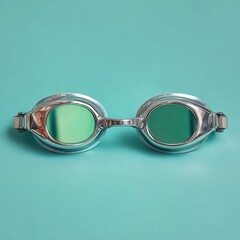 Close up of silver swimming goggles with green lenses against a light teal background.