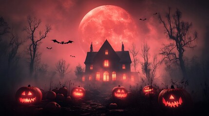 Spooky haunted house with glowing pumpkins, red moon, and bats