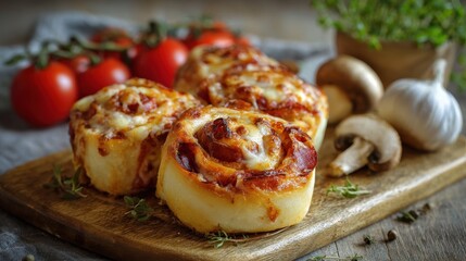 Pepperoni Roll. Mini Pizza Rolls with Tomato Sauce, Mushrooms, and Cheese Bake