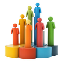 Colorful figures stand on a tiered chart representing growth and success in business finance and teamwork symbolizing progress and achievement on transparent background