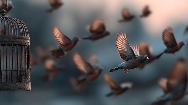 Birds flying from open cage