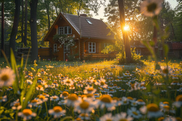 Charming rustic wooden house in lush meadow, surrounded by wildflowers, trees, and warm natural sunlight.