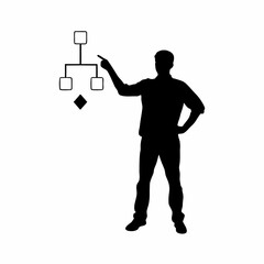 Man pointing at ai algorithm flow chart on white background