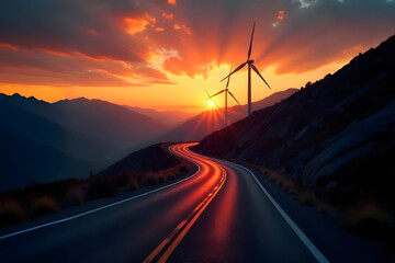 winding mountain road at sunset. Golden hour light casts warm orange and purple tones across the sky