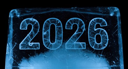 Frozen 2026: Crystalline Numerals in Icy Block, Abstract New Year Concept