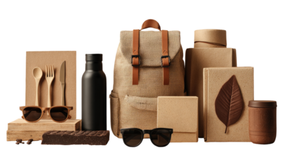 Sustainable lifestyle essentials, featuring a beige backpack, wooden utensils, and other eco-friendly products