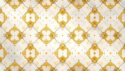 A repeating, intricate pattern of gold and cream-colored designs creates a visually stunning, ornate ceiling.