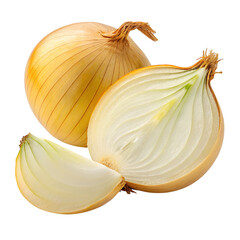 Two whole yellow onions, one halved to reveal its layers, and a wedge slice, isolated on transparent background