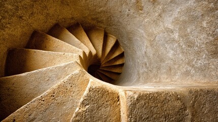 A spiral stone staircase descends into a dimly lit space, showcasing intricate stonework and a sense of depth.