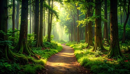 Obraz premium Sunlight Path Through Lush Forest.