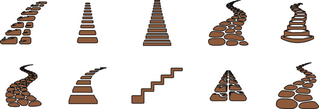 Diverse stone pathways and staircases ascend toward success and progress set items