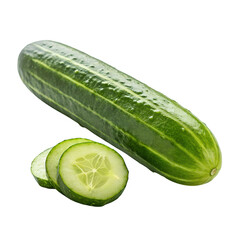 A whole cucumber and two slices of cucumber isolated on a transparent background, showcasing its fresh green texture and internal seeds