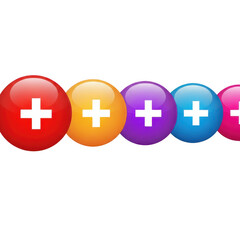 Obraz premium Colorful plus signs on glossy spheres isolated on transparent background