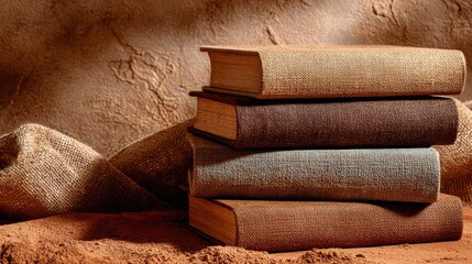 Stack of textured books in earth tones on cocoa powder background, dramatic lighting.