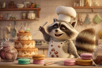 raccoon chef baking cake with happy mood in the morning