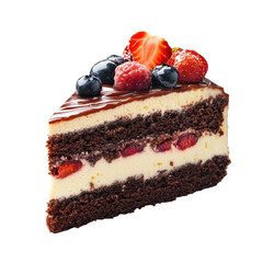 Delicious chocolate cake slice with fresh berries and creamy layers perfect for dessert or a sweet treat for a clean presentation on transparent background
