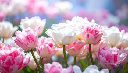 Obraz premium A beautiful cluster of pink and white tulips in full bloom, showcasing delicate petals and vibrant colors, bathed in soft sunlight.