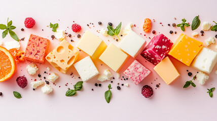 Colorful Cheese Cubes Assortment on Pink Background