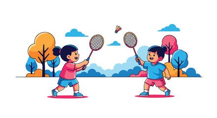 Adobe illustrator artwork vector illustration. Two happy boys playing badminton in a park, enjoying sports and outdoor recreation on a sunny day. Perfect for children's activity, friendship and summer