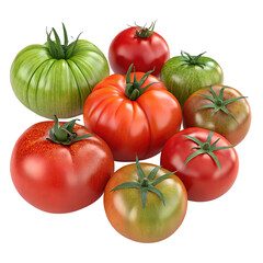 A collection of ripe tomatoes, including green and red varieties, isolated on a transparent background, showcasing their varied shapes and textures