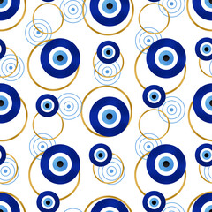 Seamless pattern of evil eyes with circles and lines on a white background.
