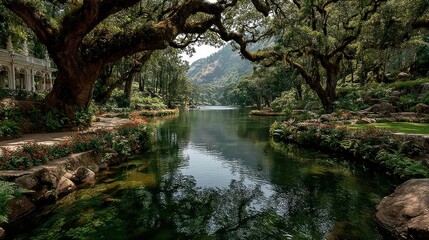 A lake surrounded by lush greenery and reflection