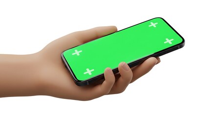 Hand holding modern smartphone with green screen for app mockups and digital content