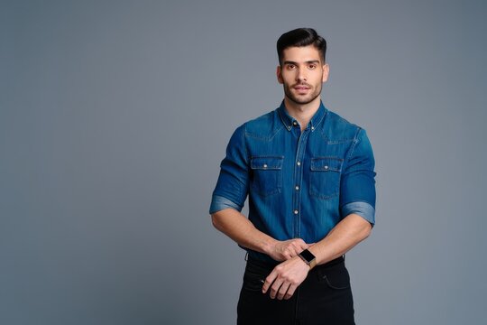 Handsome man in denim shirt checking smartwatch time fashion lifestyle portrait studio shot
