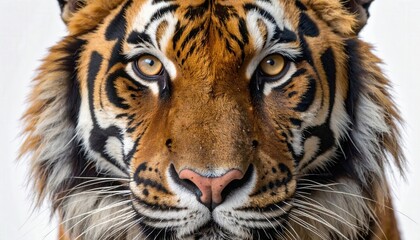 Obraz premium A majestic close-up portrait of a Bengal tiger, showcasing its striking orange and black striped fur, piercing gaze, and intense expression.