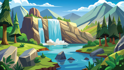 Scenic view of a tropical island with palm trees in the ocean, surrounded by a green landscape and majestic mountains under a cloudy summer sky © Nayeem Sheikh