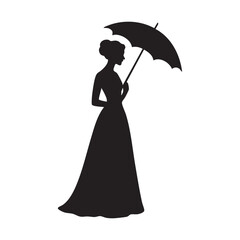 A woman in an elegant dress holding an umbrella, minimalist black silhouette, crisp white backdrop.