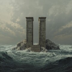 Two weathered stone pillars form a gateway on a small island amidst turbulent sea waves