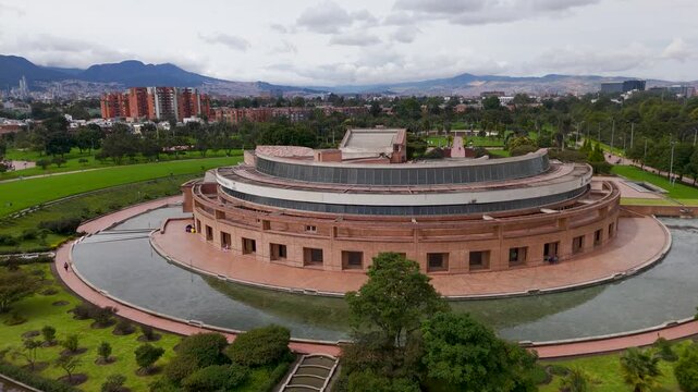 Aerial Drone Shot of Virgilio Barco Public Library and Simon Bolivar Park in Bogota, Colombia, Capital City Center.