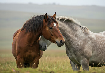 Obraz premium Two horses, one brown and one grey, standing close together in a grassy, misty field