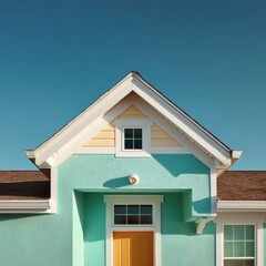 Close up view of a teal stucco house exterior with a yellow door, white trim, and brown roof under a clear blue sky.