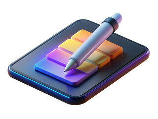 Digital tablet with stylus and layered blocks modern design 3d illustration isolated on transparent background
