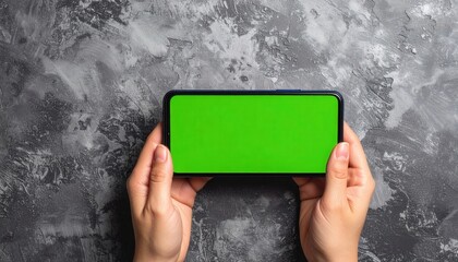 Hands Holding Smartphone with green screen.